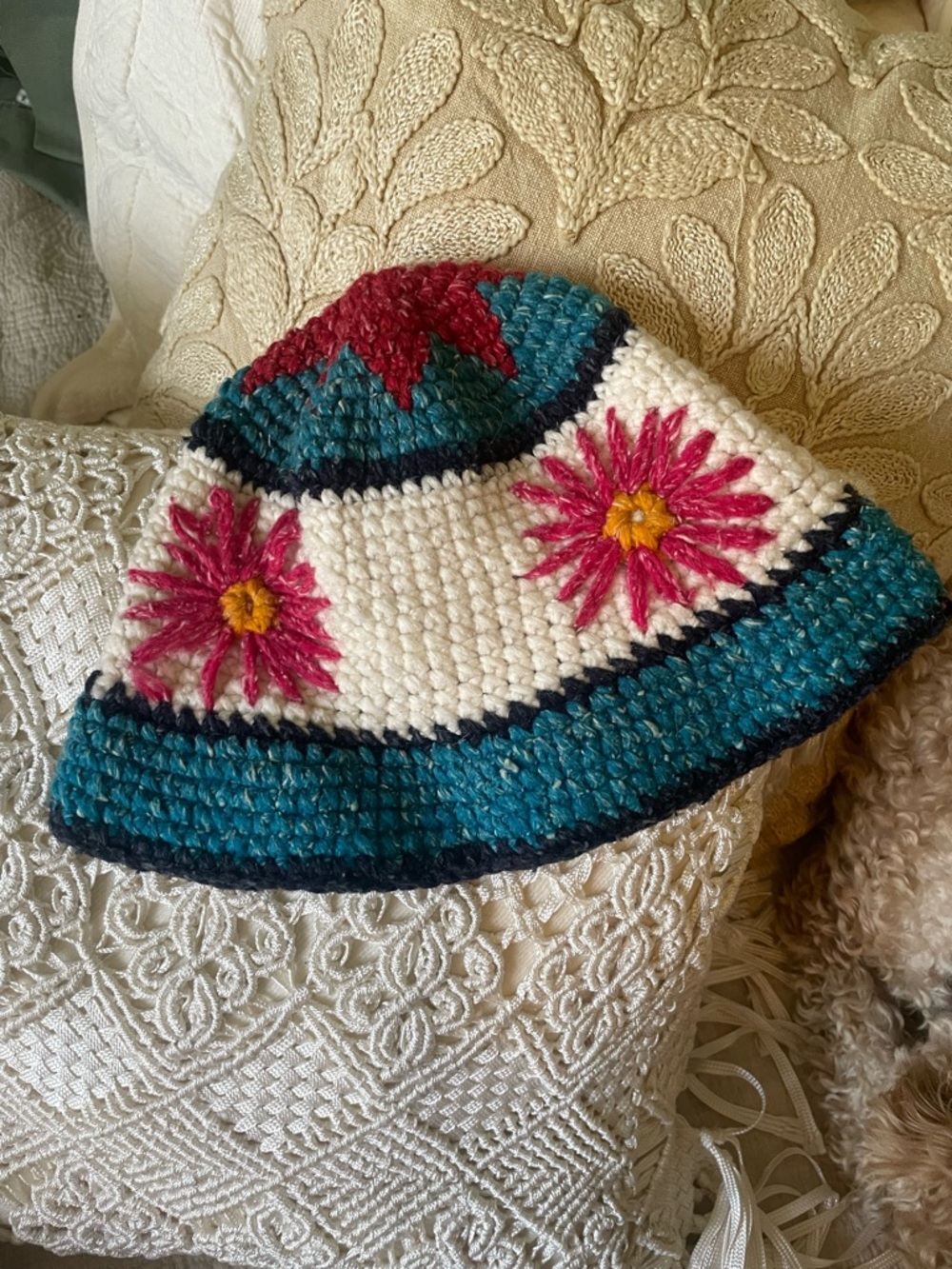 Handmade Crocheted Bucket Hat in Teal, Cream & Red